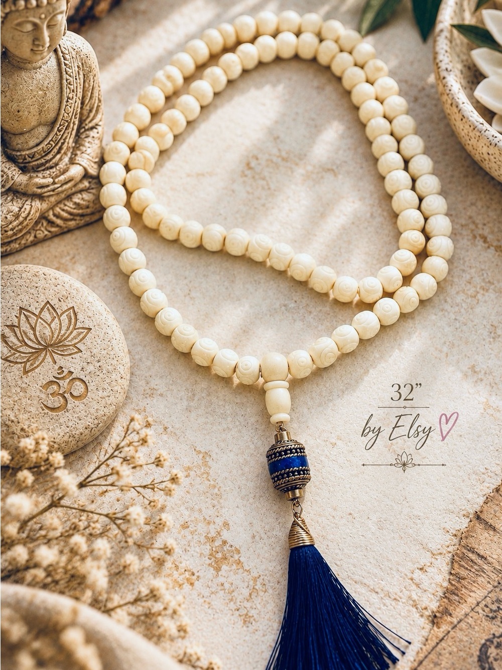 32" Cream Beaded Tibetan mala Necklace with Navy Blue Tassel